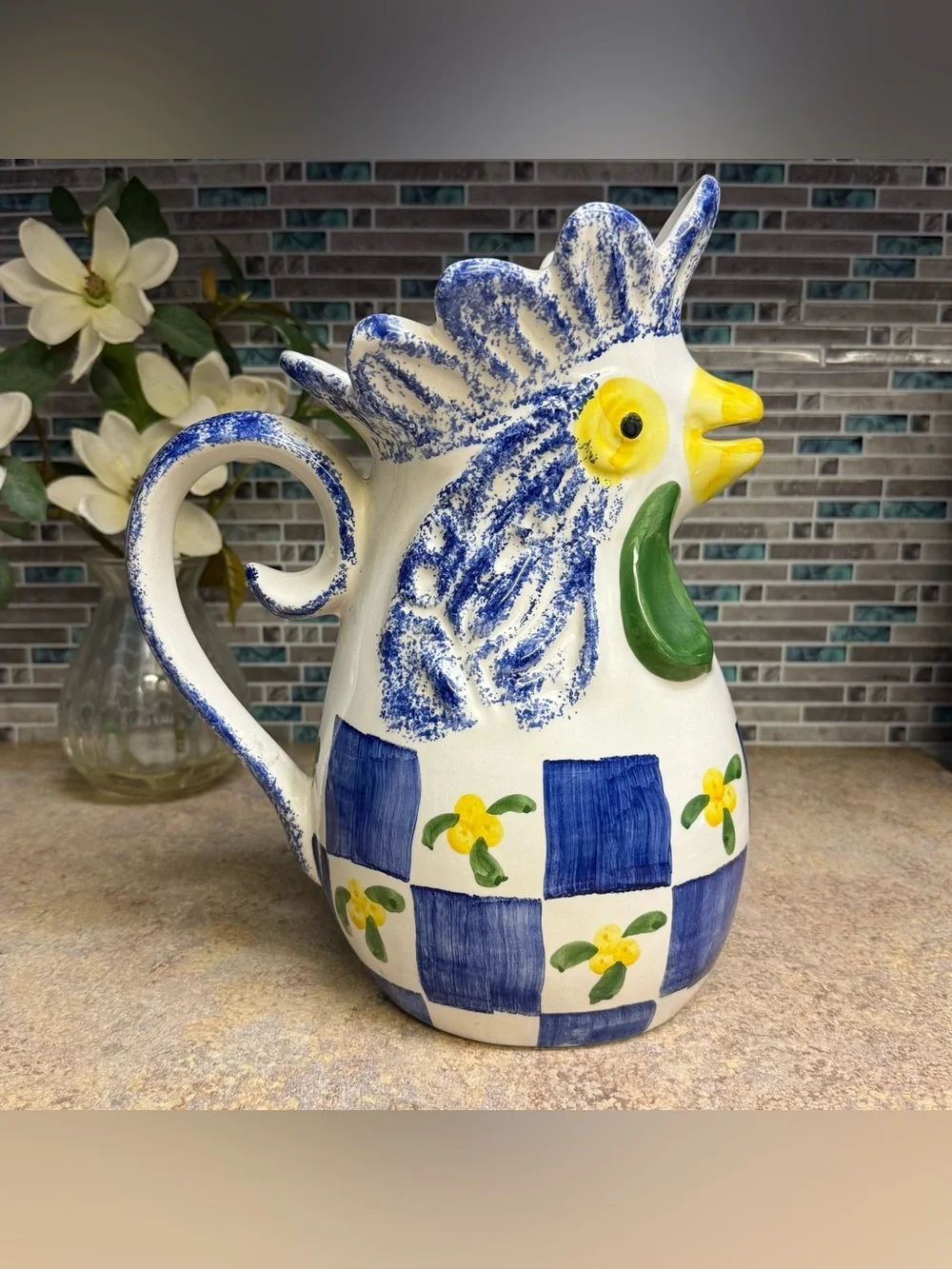 JF Vestal Chicken Blue and White Spongeware Pitcher vase